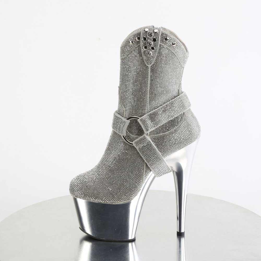Pleaser Adore-1029CHRS Silver Rhinestone Chrome Cowboy Boots Platform Heels - Picture 5 of 5